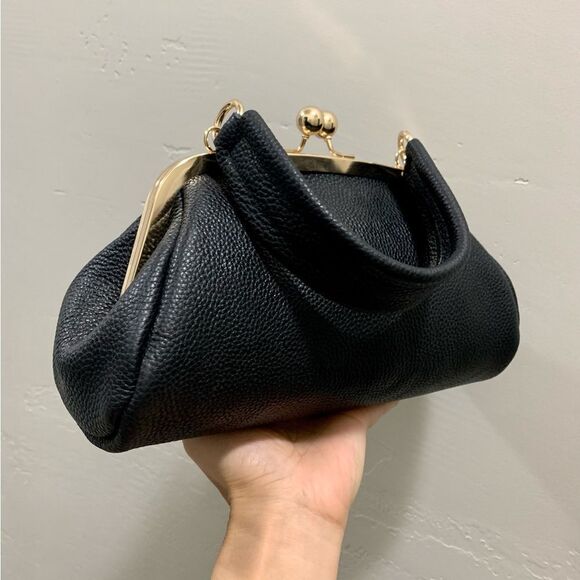 Black Pebble Cowhide Handmade Vintage Style Kisslock Clutch Bag/Multi Use Style - Picture 13 of 16